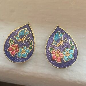 Vintage Cloisonné Butterfly & Floral Teardrop Earrings – Purple Enamel